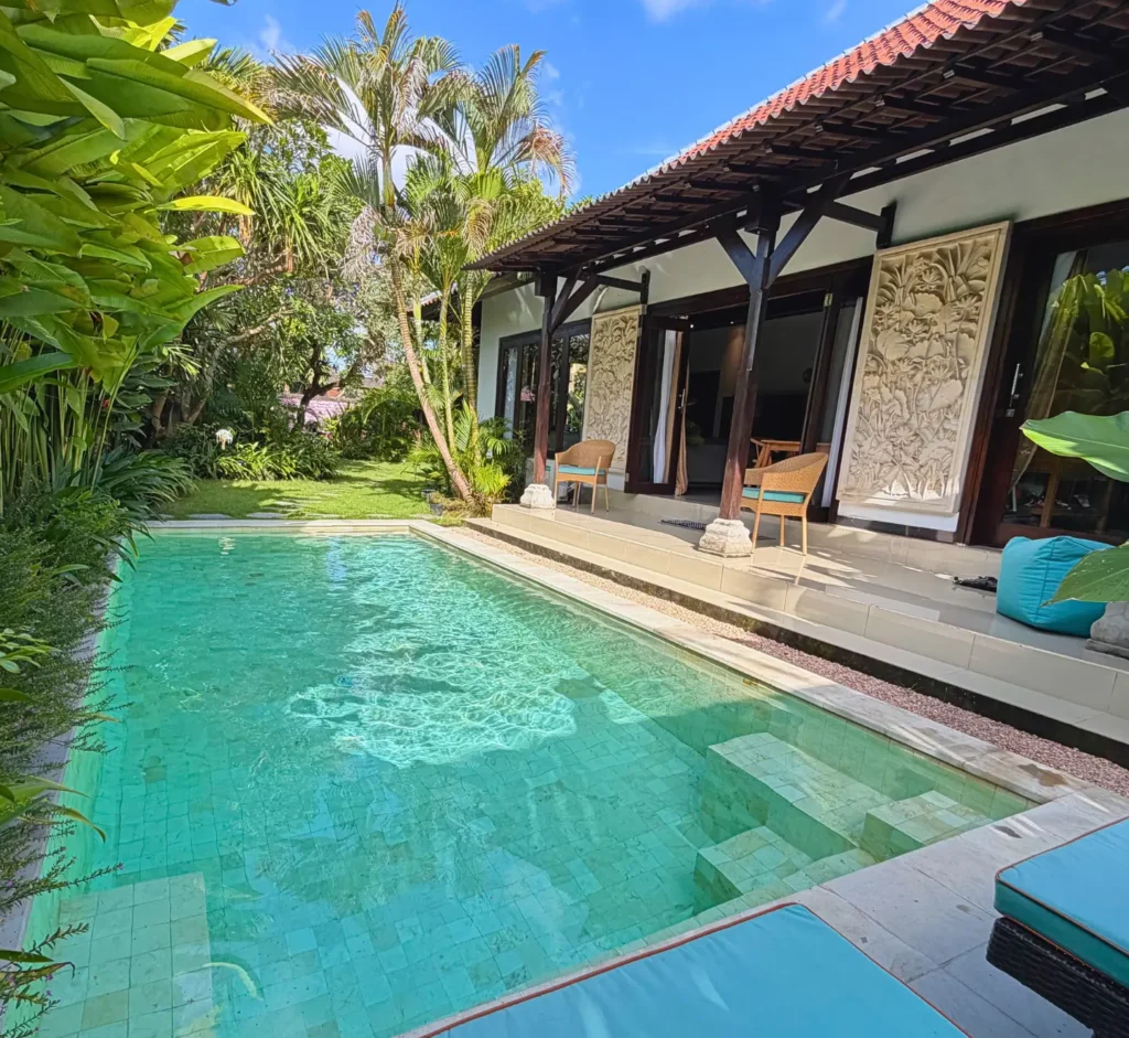 Family Villa in Sanur Bali with Pool Fence & Kids Playground – The Santi Estate Private tropical pool with seamless indoor-outdoor living
